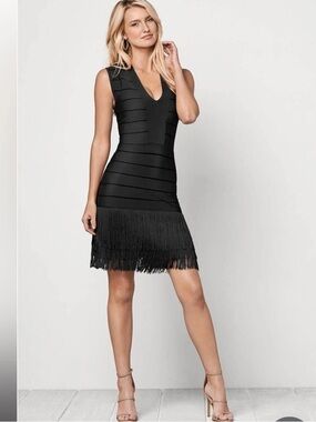 Venus Black V-Neck Bandage Fringe Dress  size 2 NWOT